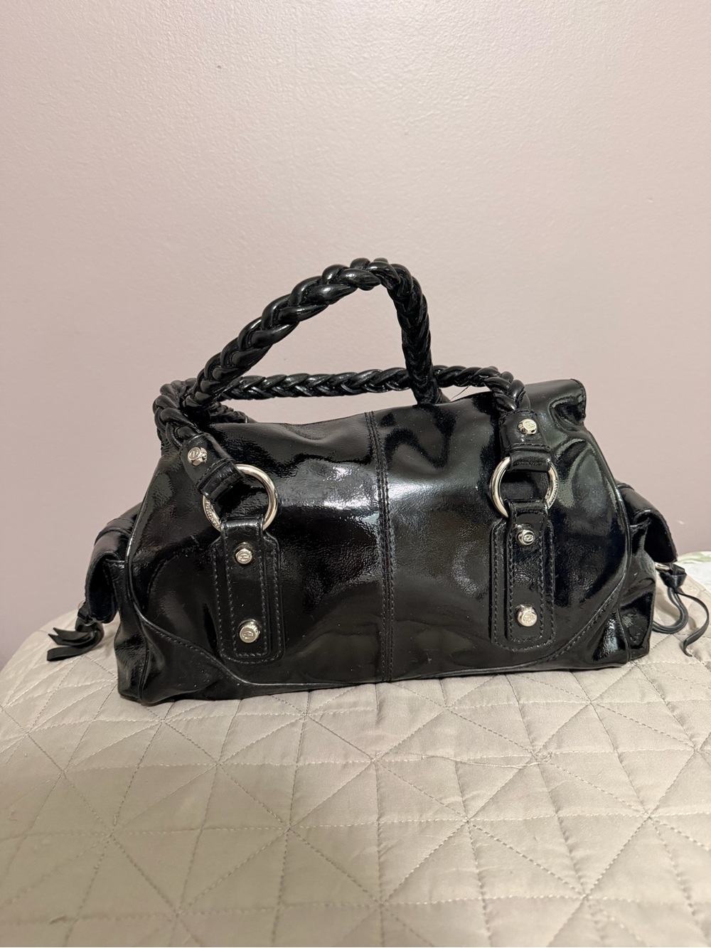 Francesco Biasia Black Patent Leather Braided-Handle Satchel - Picture 3 of 16